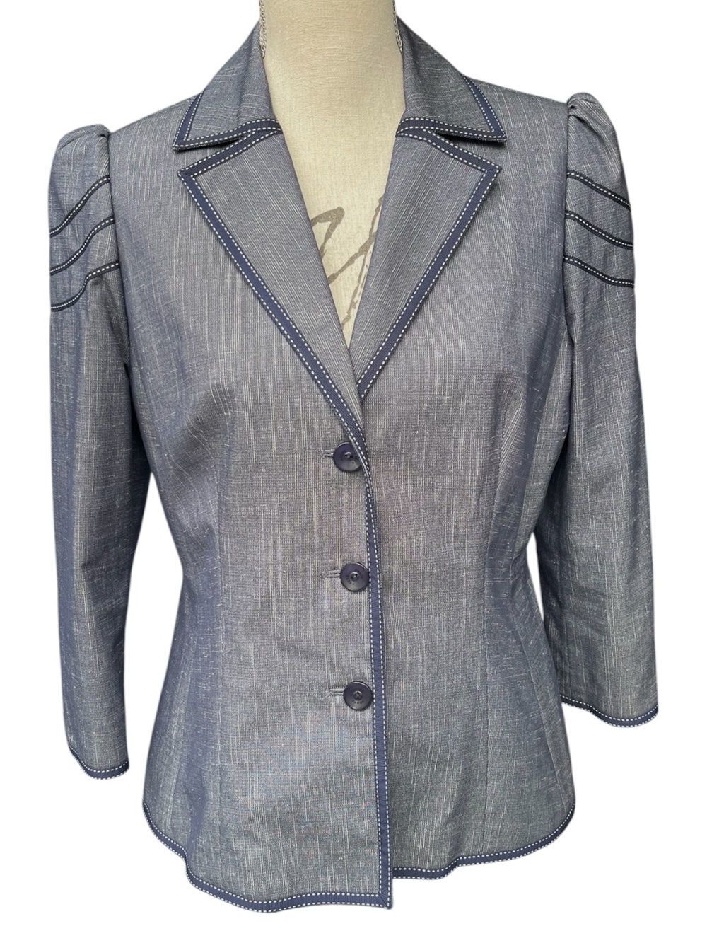 Ports 1961 Blue/Gray Puff Shoulder 3/4 Sleeve Contrast Topstitch Blazer (10)